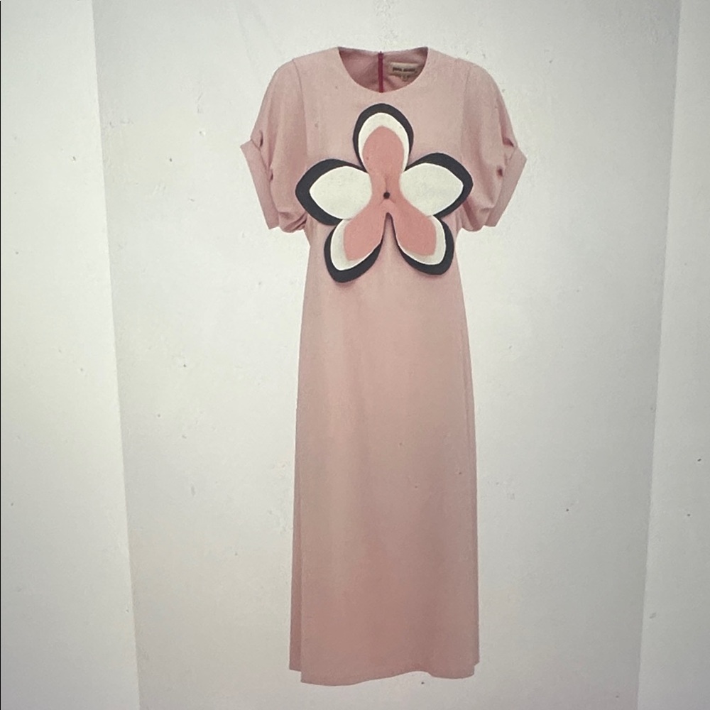 Julia Allert silky touch midi pale pink dress with handmade floral appliqué
